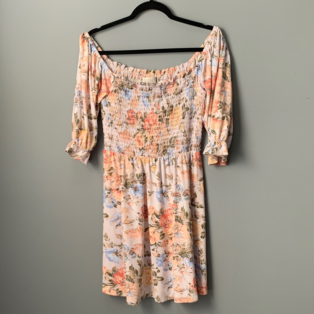 Wayf Floral Off-Shoulder Whimsical Dress - Pink and Baby Blue